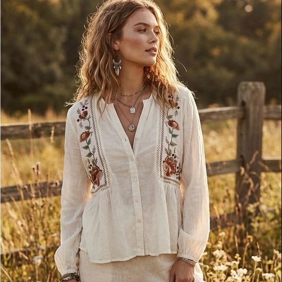 Angie Tops - Angie Cream Blouse with Floral Embroidery FLAWED